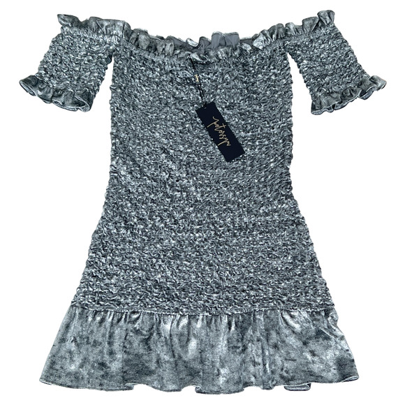 NWT Petersyn X Revolve Benson Smocked Mini Dress Steel Silver Small - Picture 4 of 12